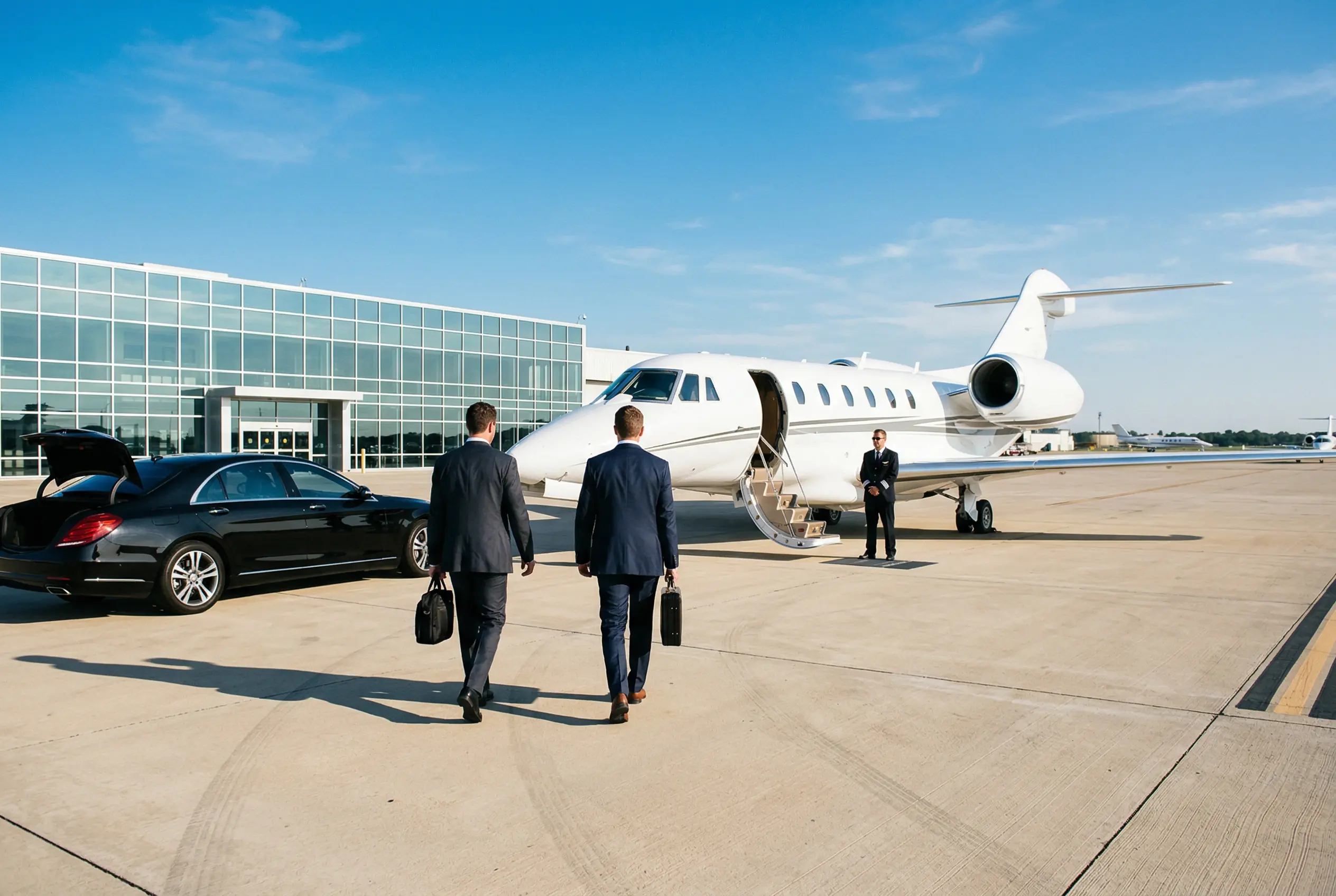 Business travelers boarding a Citation X+ via the airstair at an executive terminal