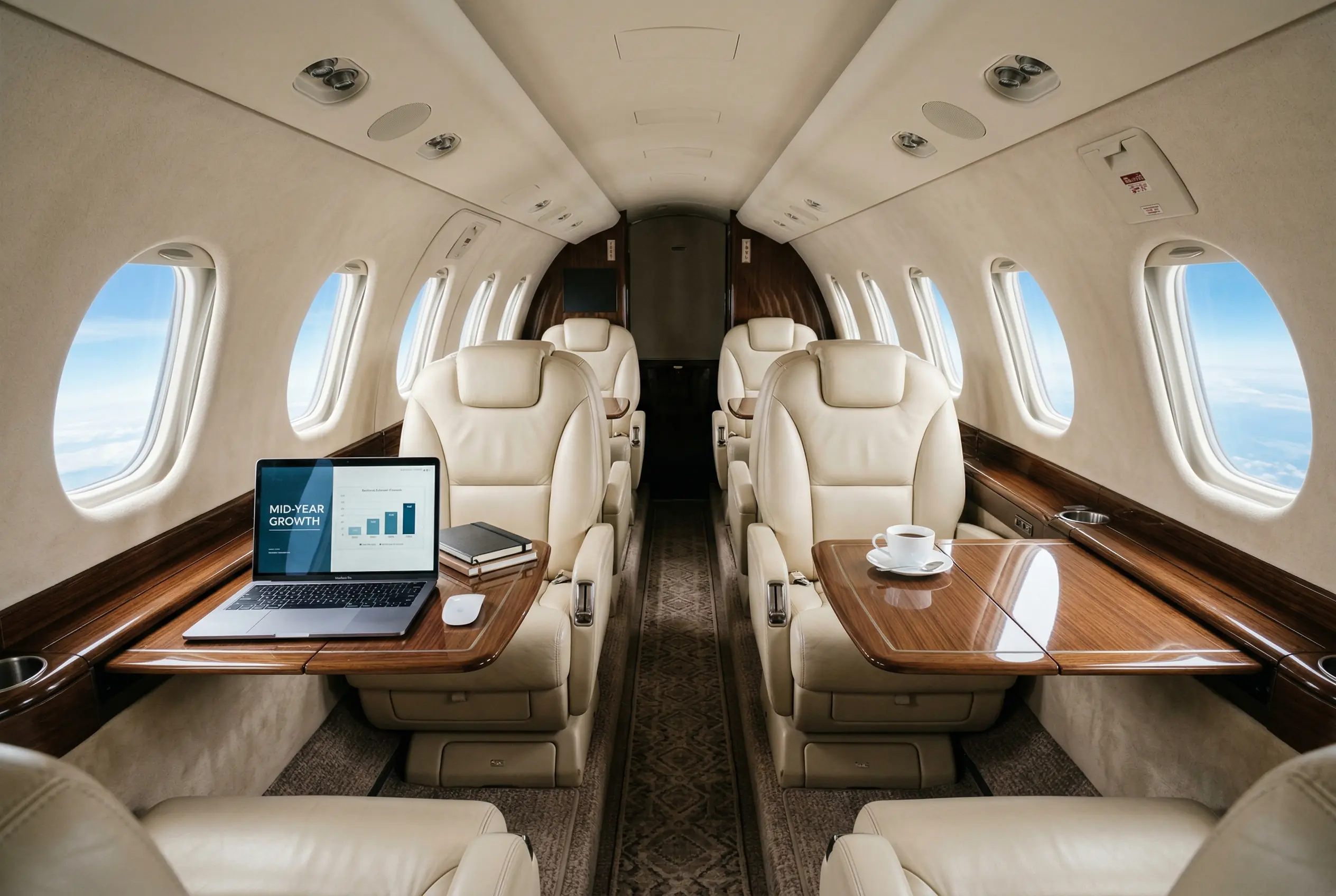 Citation X+ cabin interior — leather seating and executive workspace at altitude