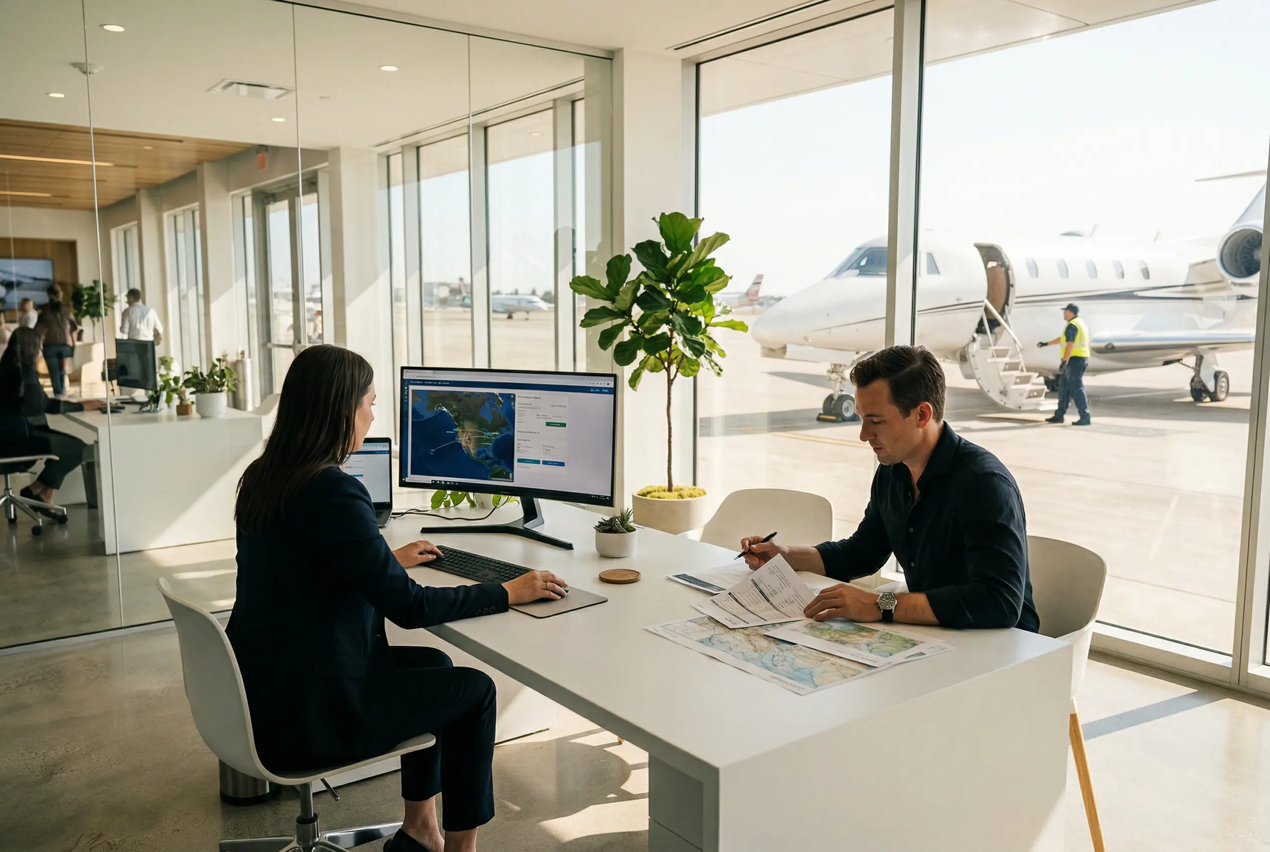 Charter advisor coordinating Citation X+ flight details at a private aviation service desk