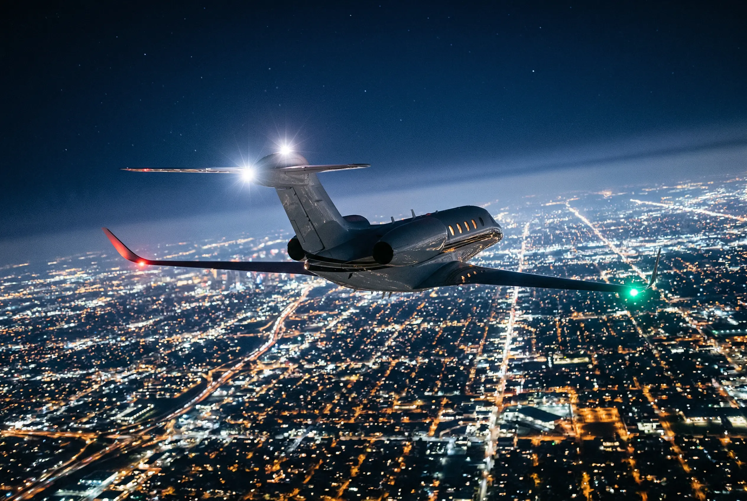 Citation X+ navigation lights glowing during a transcontinental night crossing at 51,000 feet