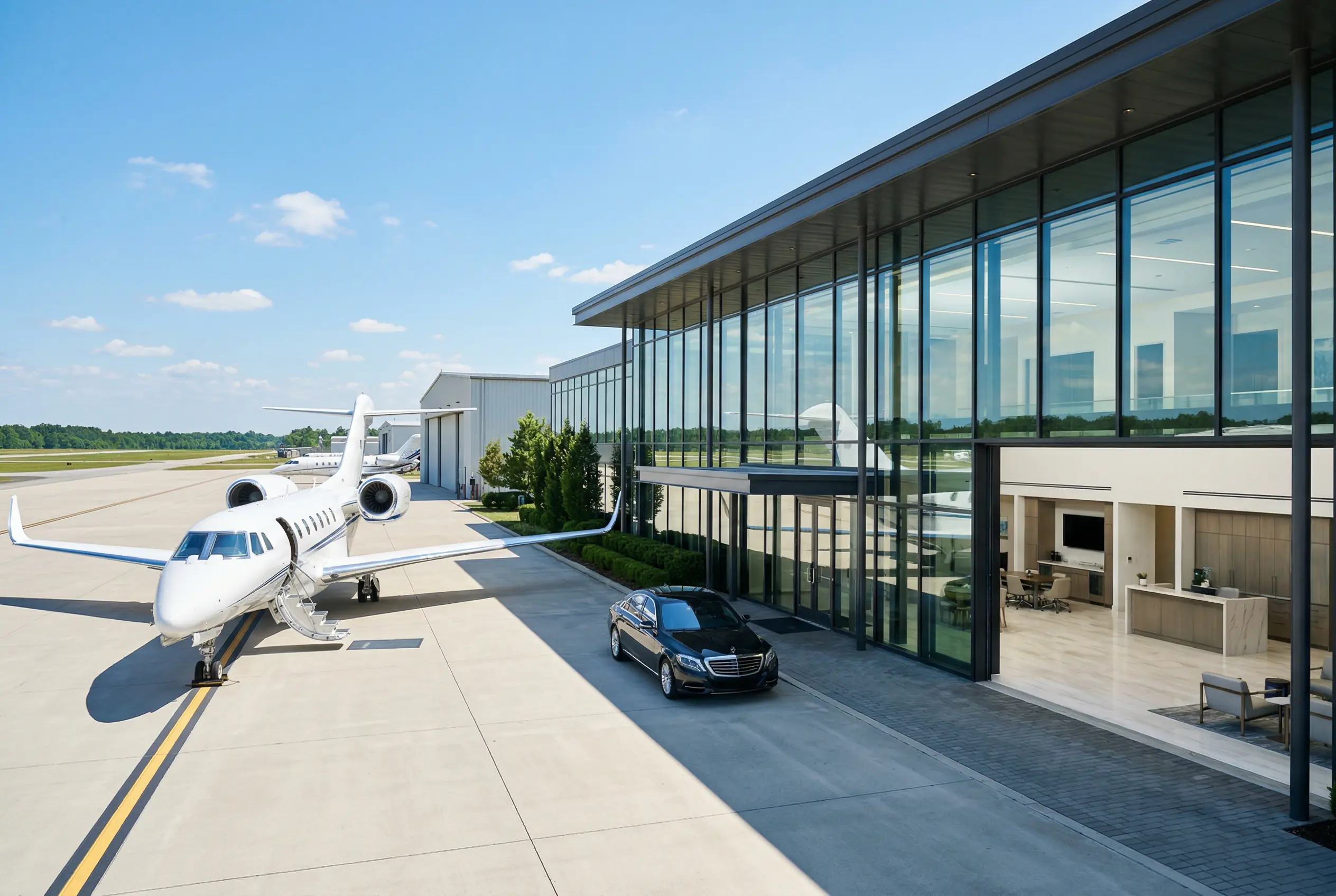 Private FBO terminal with a Citation X+ visible through panoramic windows on the ramp